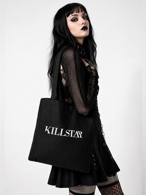 KILLSTAR Canvas Shopping Tote Shoulder Bag Reusable Shopping Tote Black White